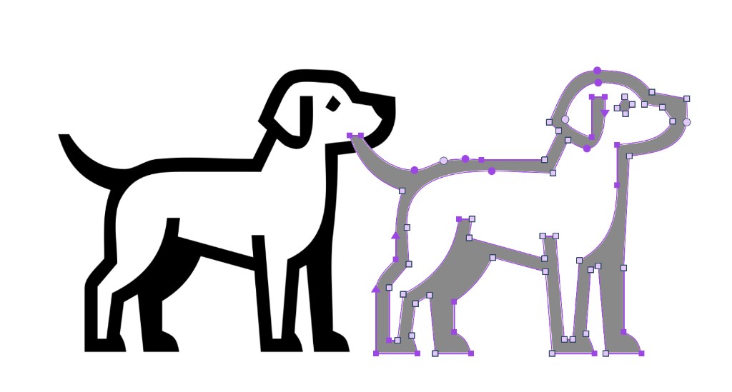 A black bitmap icon of a dog next to the vector contours Autotrace produced from it, with all nodes and handles visible